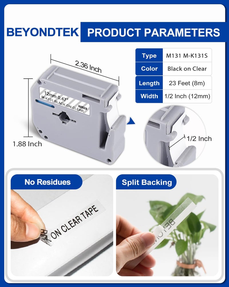 BEYONDTEK P Touch M Tape Black on Clear Replace with Brother M Tape Clear P Touch PT-M95 PT-65 PT-70BM PTM95 M131 M-131 M-K131s Label Tape for Brother PT-45 PT-70 PT-90 Label Maker, 3-Pack - Image 3
